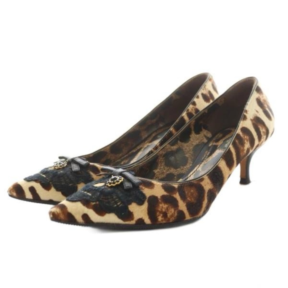Dolce & Gabbana Leopard Calf Hair Lace Pumps 37.5 Kitten Heel Italy